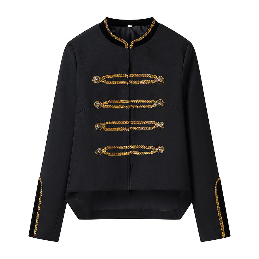 Women's short military-inspired jacket with golden decorative cord and stand-up collar Amarae