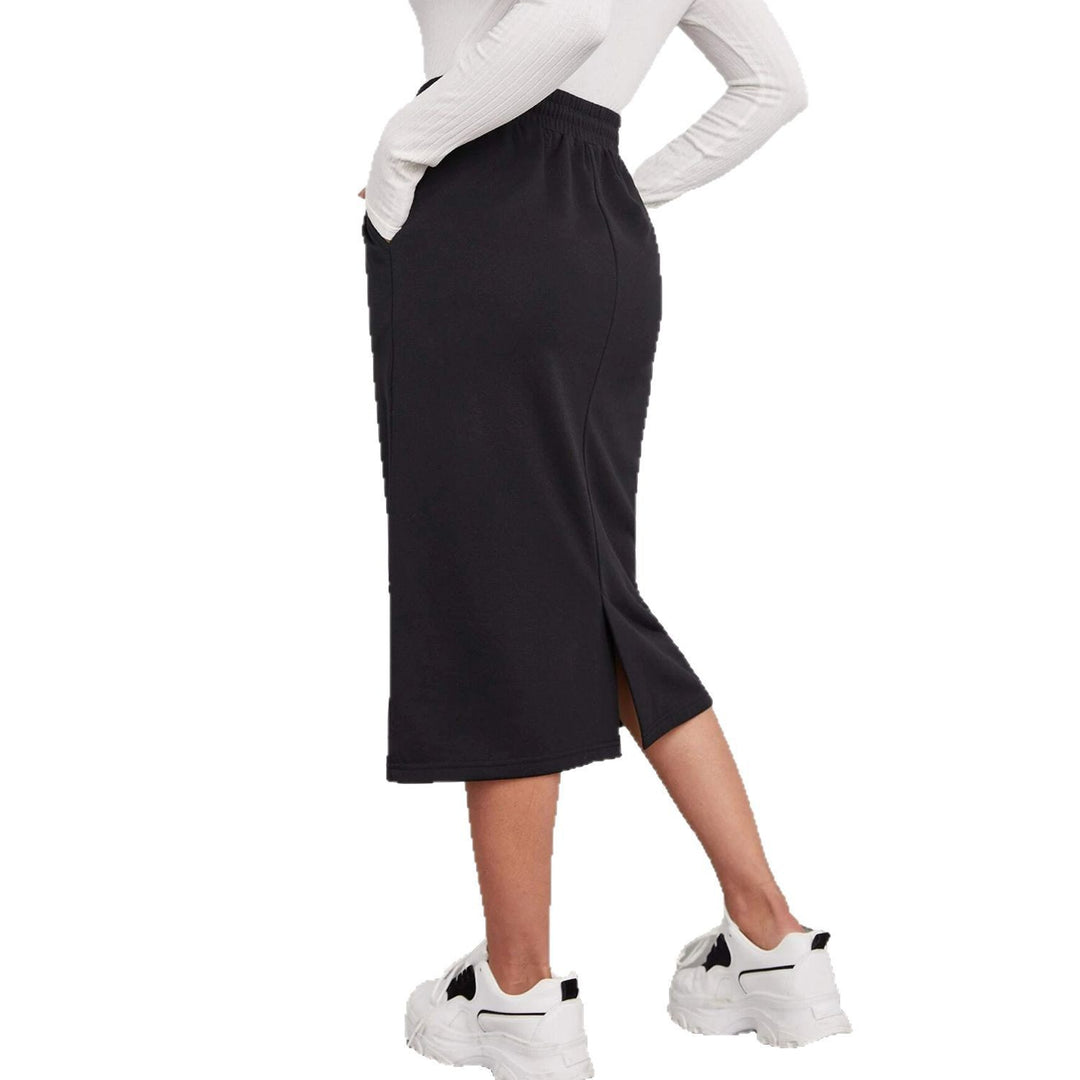 Midi jersey skirt for women with elastic waistband and welt pockets Lune London