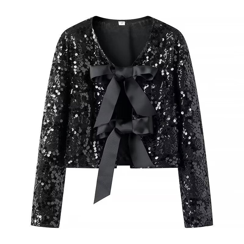 Veste en sequins brillants pour femmes avec accents de nœud élégants Chic & Stil