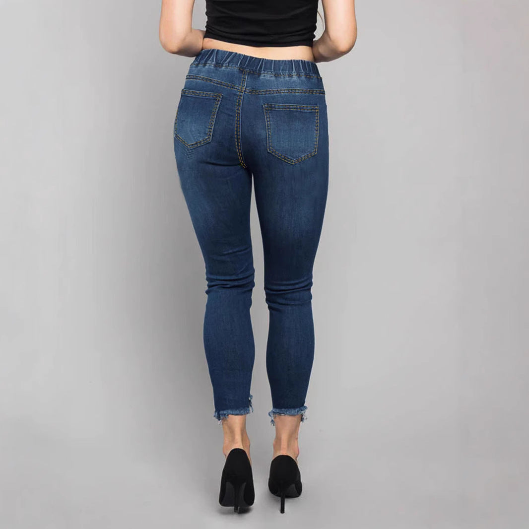 Women High-Waisted Destroyed Jogger Jeans with Elastic Drawstring Waistband and Cropped Frayed Hem Amarae