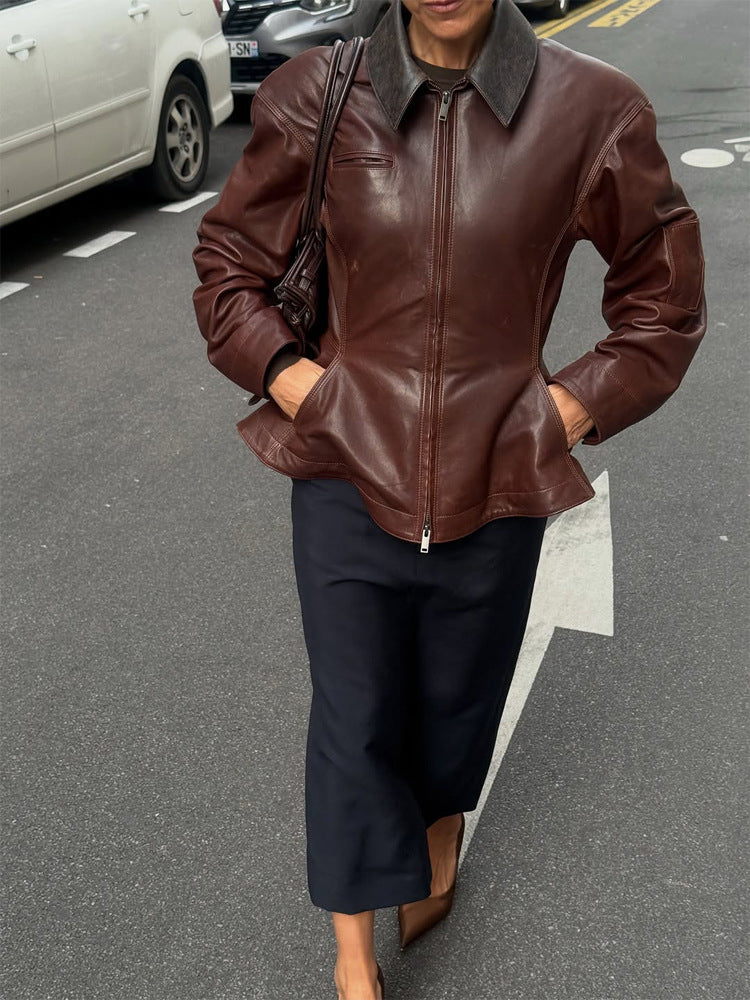 Women’s leather jacket with tailored peplum, zipper & large shirt collar Amarae