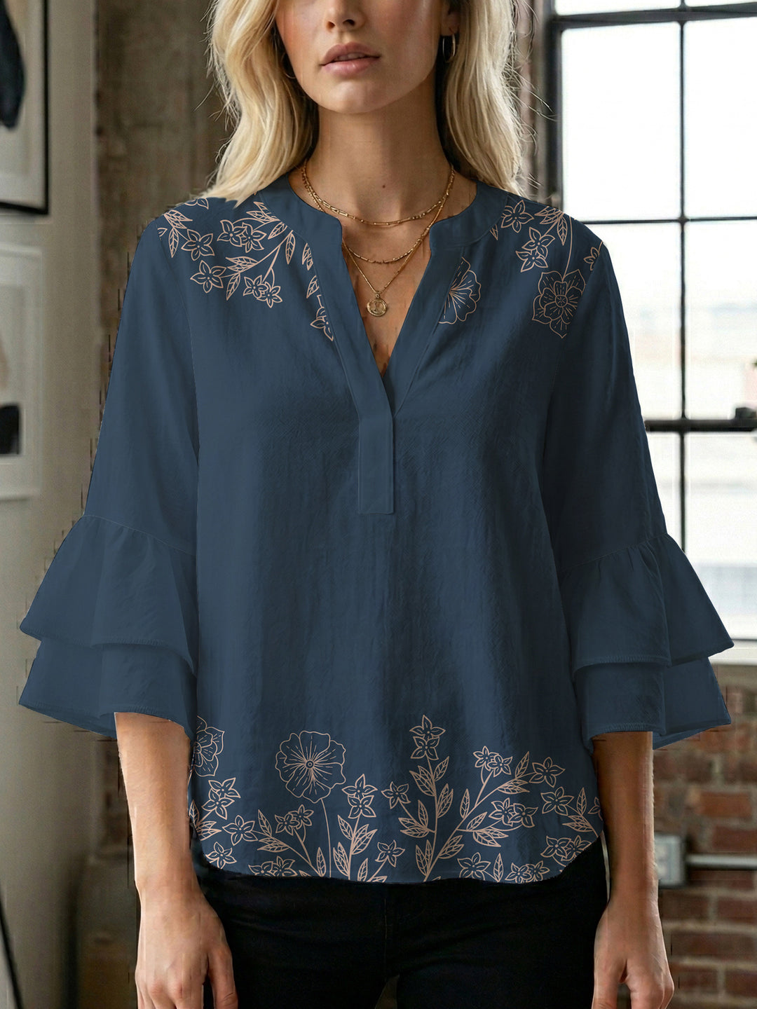 Ladies blouse with voluminous ruffled sleeves and floral print Lune London