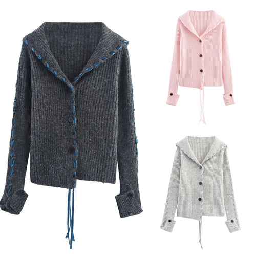 Knitted jacket for women with artistic collar and ribbed structure Amarae