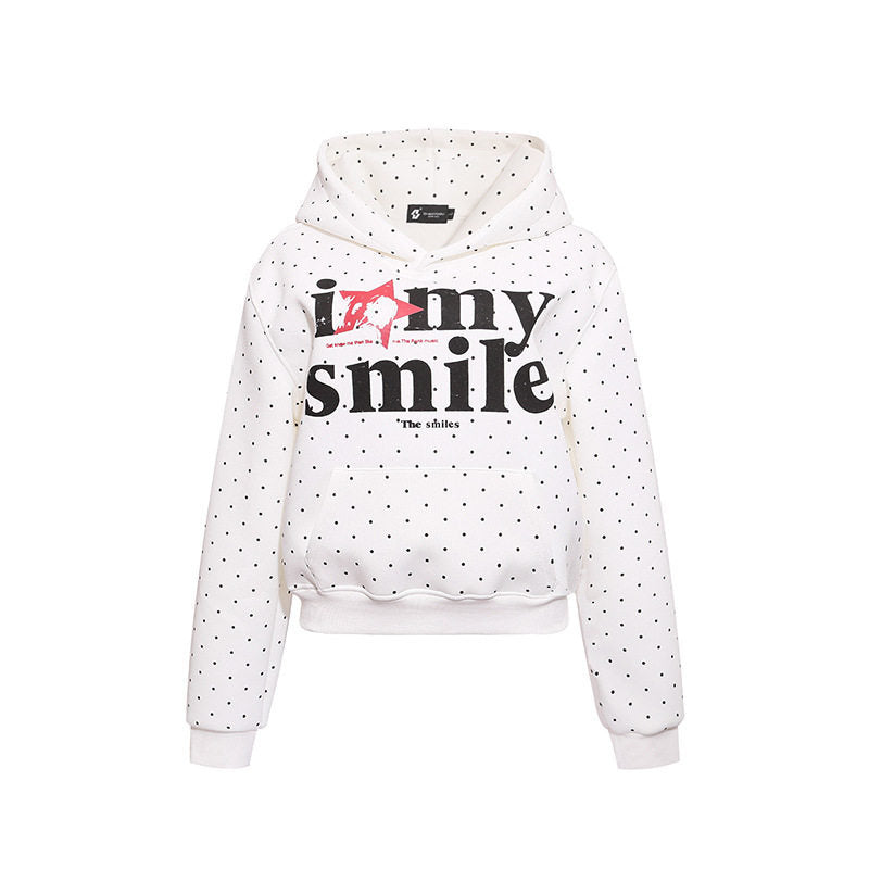 Women’s hoodie sweatshirt with polka dot pattern, kangaroo pocket and large typographic print Amarae