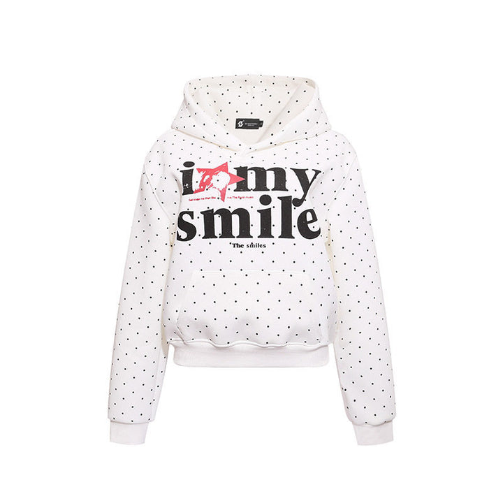 Women’s hoodie sweatshirt with polka dot pattern, kangaroo pocket and large typographic print Amarae