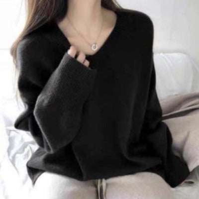 Pull en maille épaisse pour femme avec un décolleté en V, une coupe décontractée et des manches surdimensionnées Chic & Stil