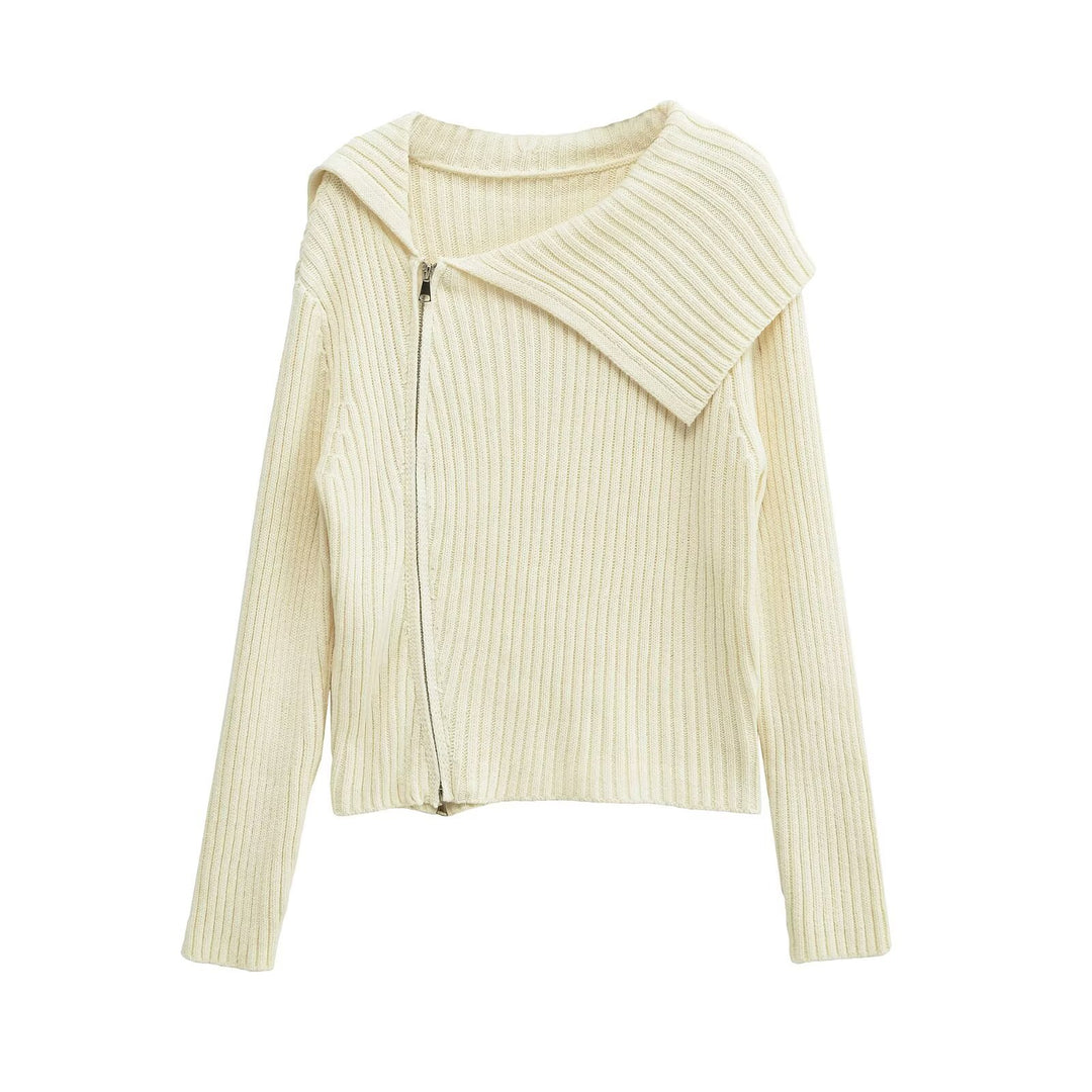 Ribbed knit jacket for women with large collar and asymmetric zipper Lune London