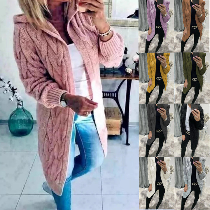 Ladies Chunky Knit Cardigan with Hood and Chic 3D Pattern