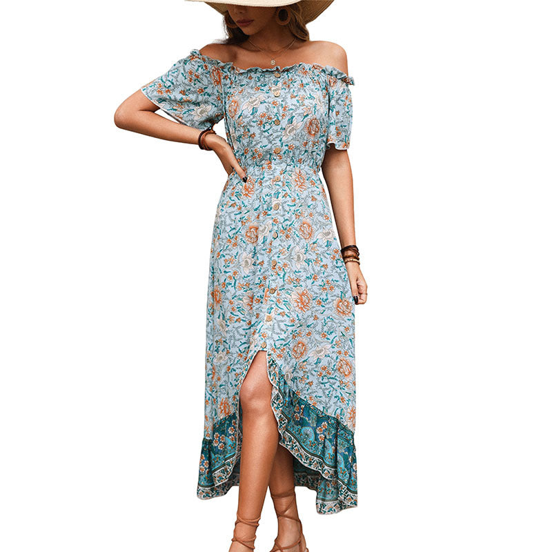 Off-shoulder floral maxi dress for women with ruffled hem Lune London