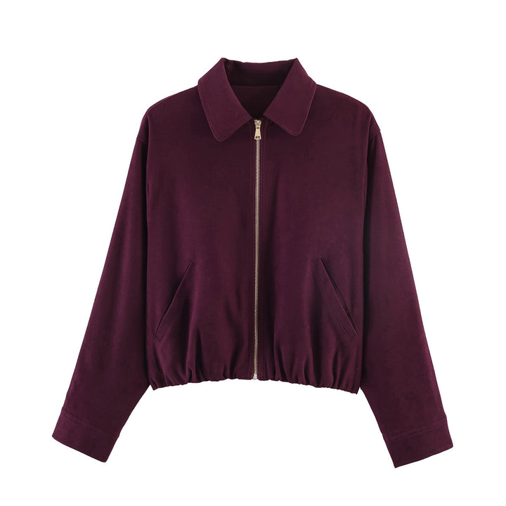 Ladies short cut velour look bomber jacket with lapel collar and elastic hem Amarae