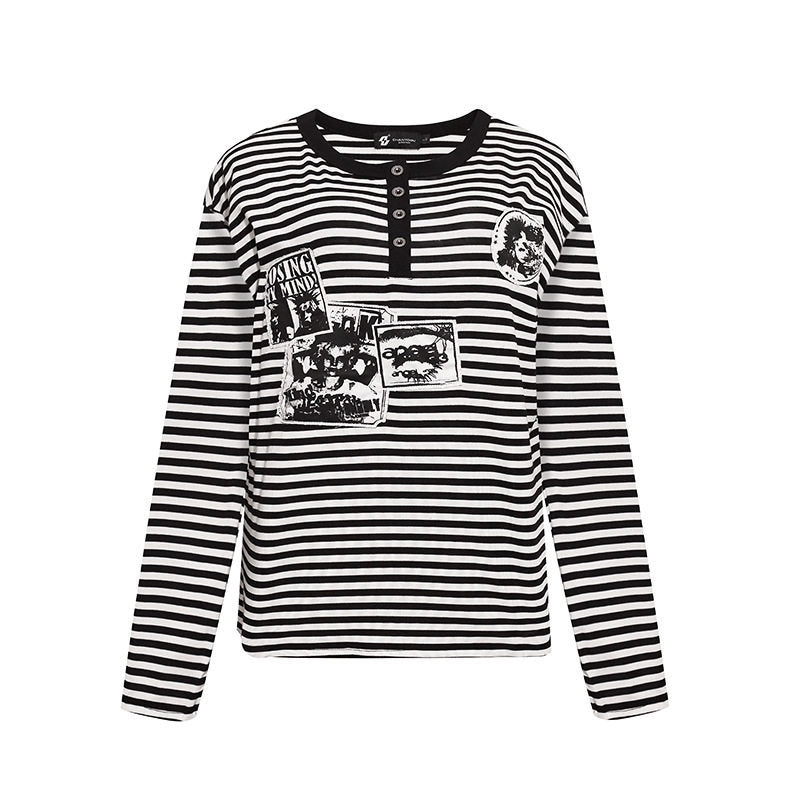 Women's Striped Long Sleeve Henley Shirt with Button Placket and Graphic Patches Amarae