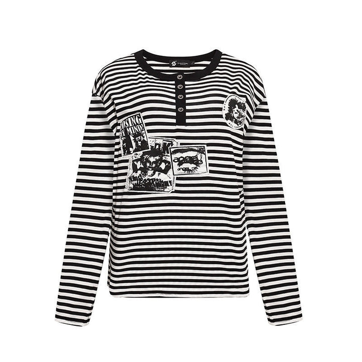Women's Striped Long Sleeve Henley Shirt with Button Placket and Graphic Patches Amarae