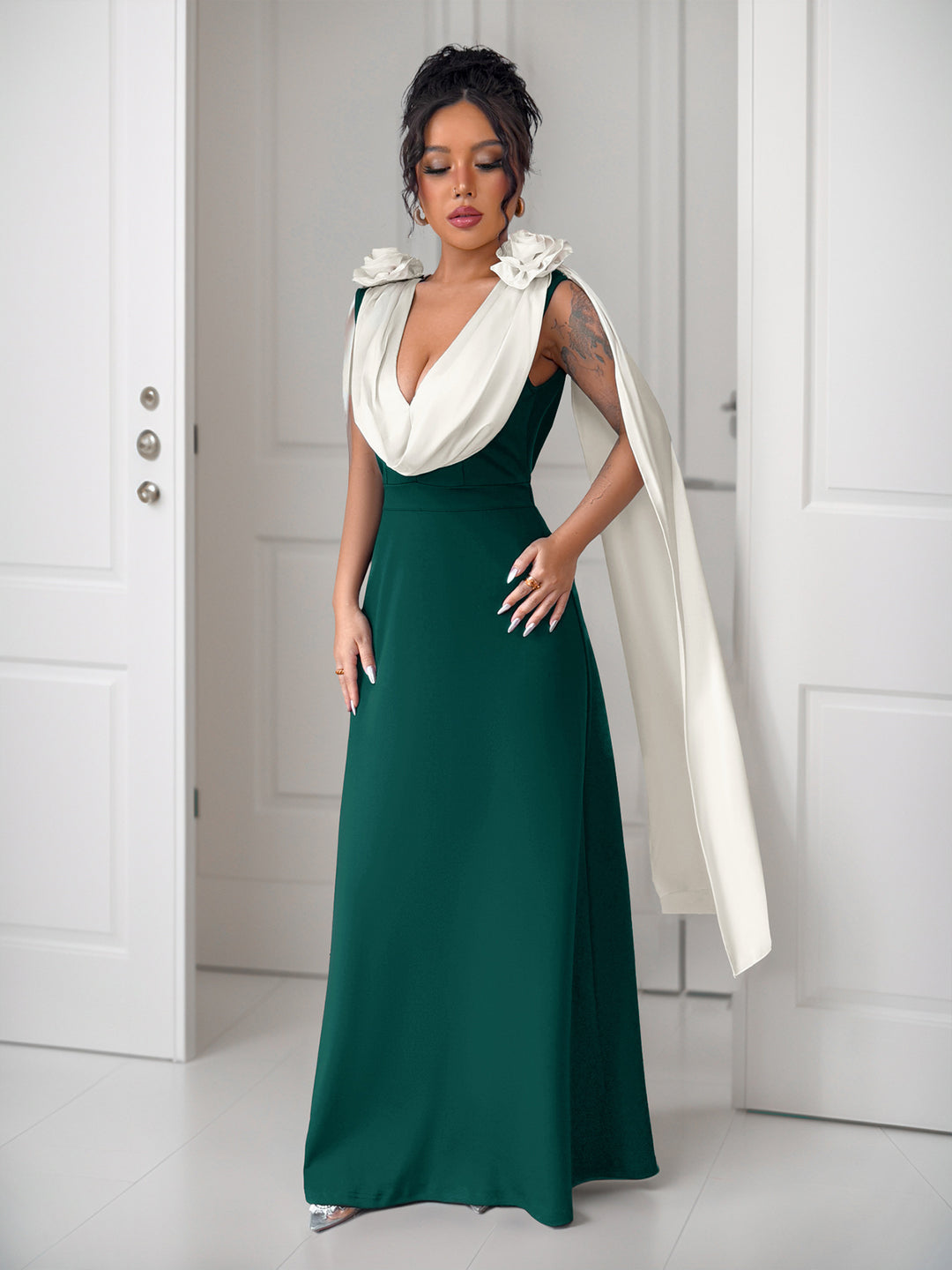 Elegant Maxi Dress for Women with Chic Draped Sleeves and Style