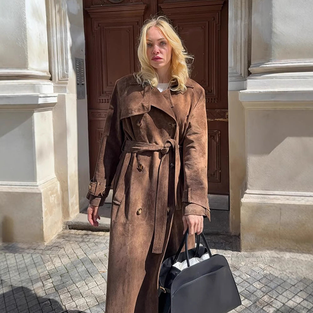 Women Maxi Long Suede Trench Coat with Tied Belt Amarae