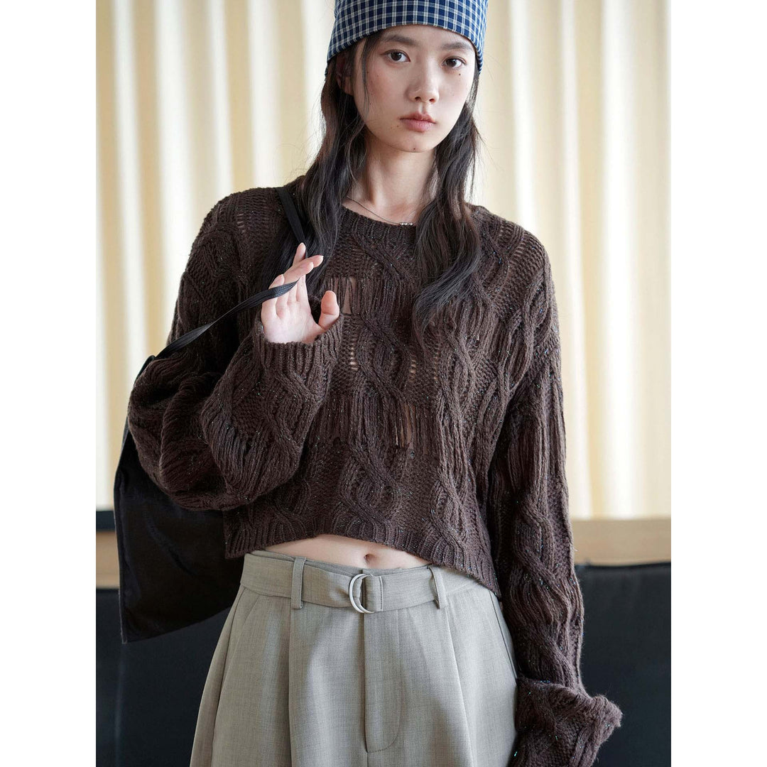 Women’s short oversized knitted sweater with openwork pattern and fringes