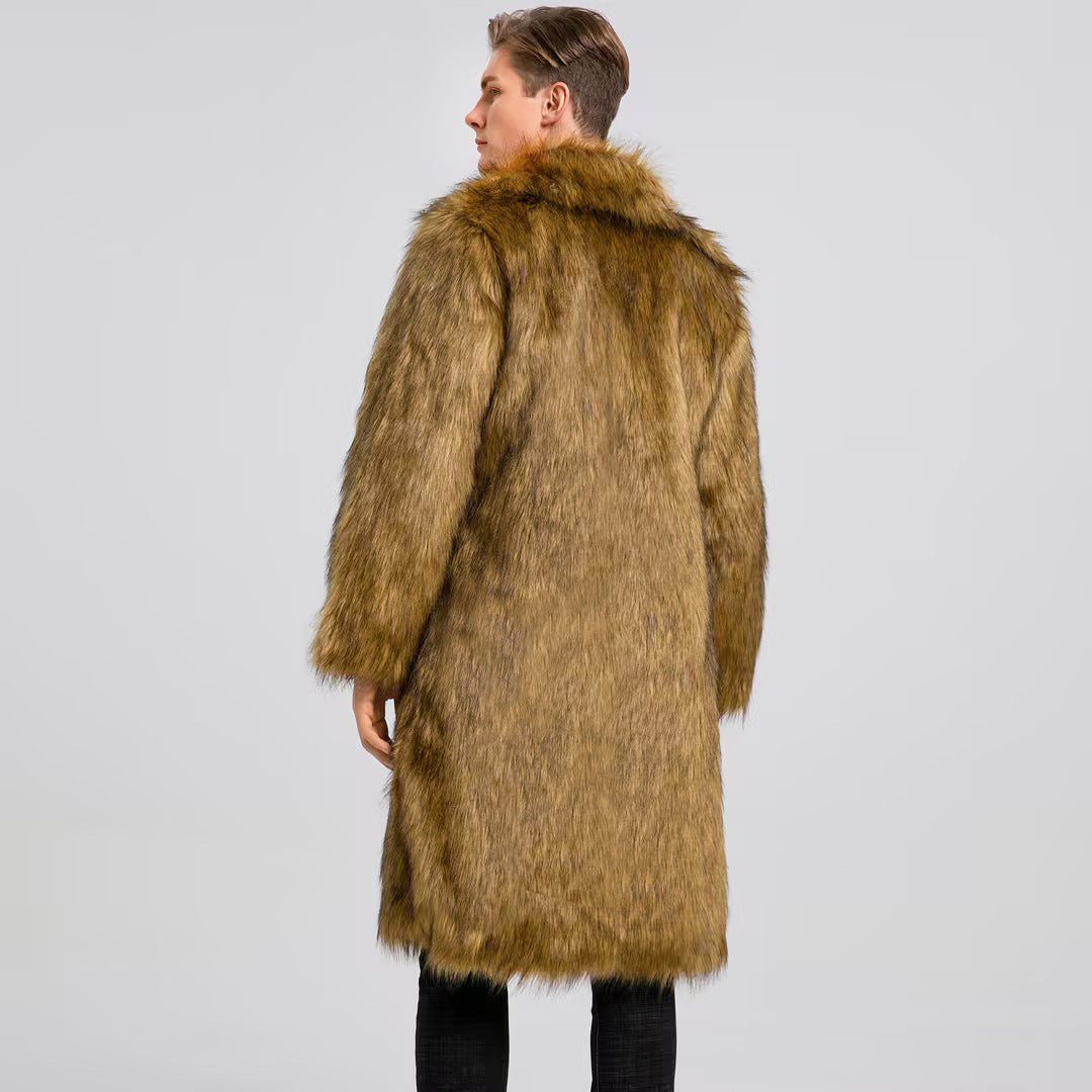 Long faux fur coat for men with high collar and luxurious inner lining Lune London