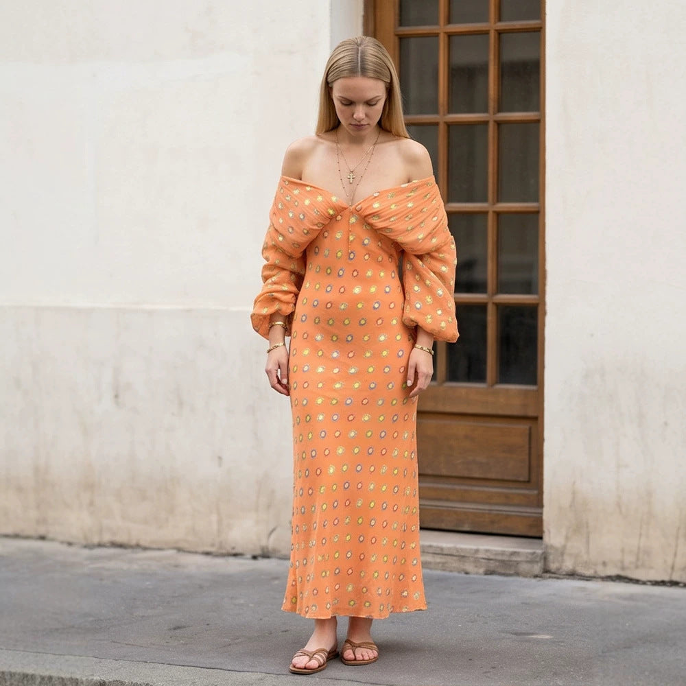 Women Elegant Off-Shoulder Maxi Dress with Twisted Front and Balloon Sleeves Amarae