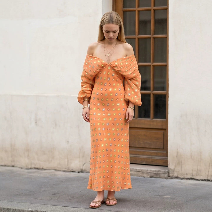 Women Elegant Off-Shoulder Maxi Dress with Twisted Front and Balloon Sleeves Amarae