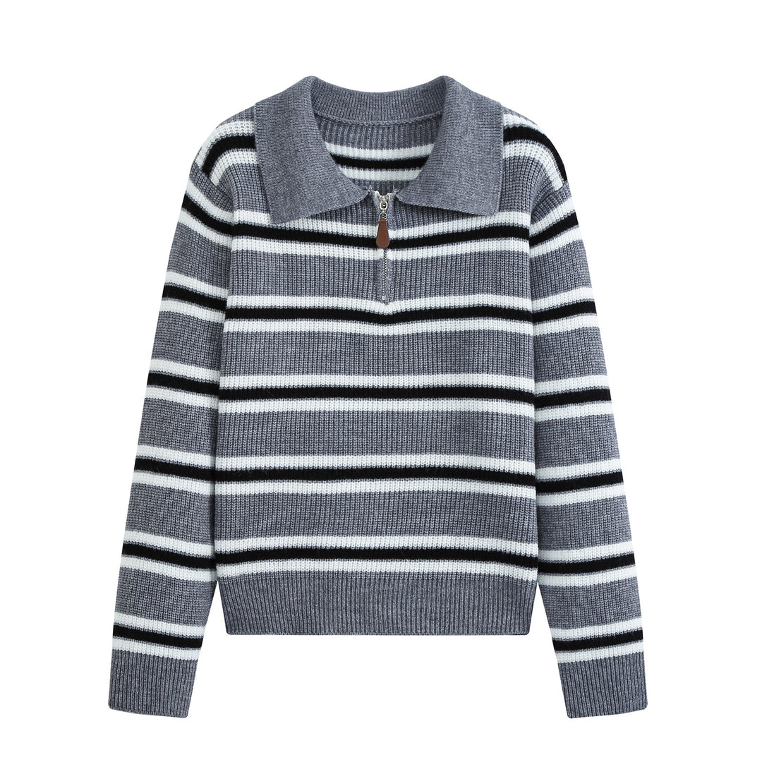 Women's Striped Knit Sweater with Polo Collar and Half Zipper Amarae