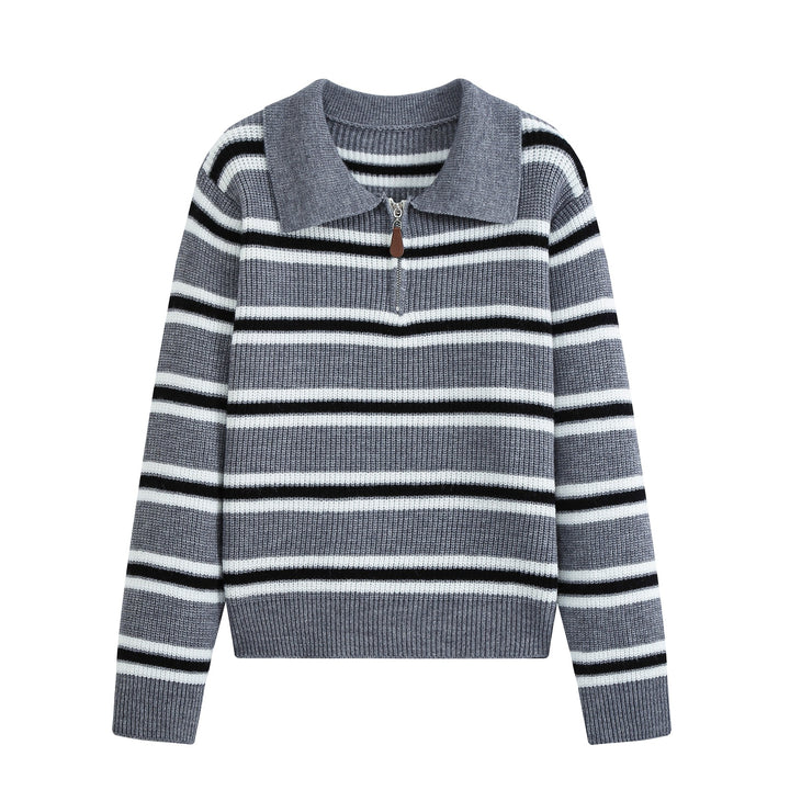 Women's Striped Knit Sweater with Polo Collar and Half Zipper Amarae