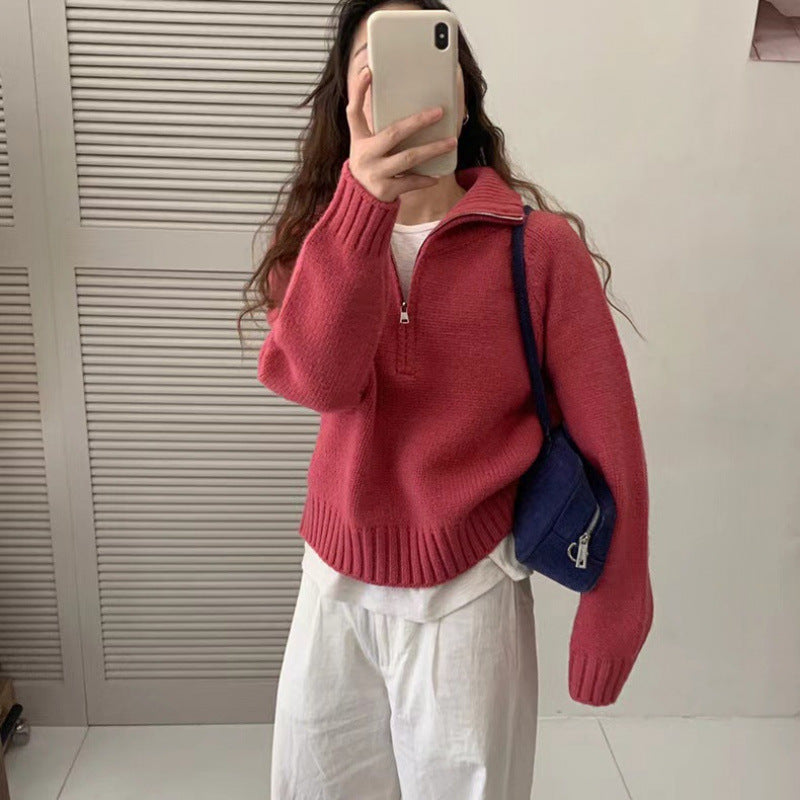 Pull en tricot confortable pour femmes avec col montant et fermeture éclair