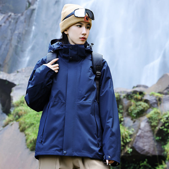 Women’s technical multi-layer hardshell rain jacket with adjustable hood, chest strap, and water-resistant zippers Amarae