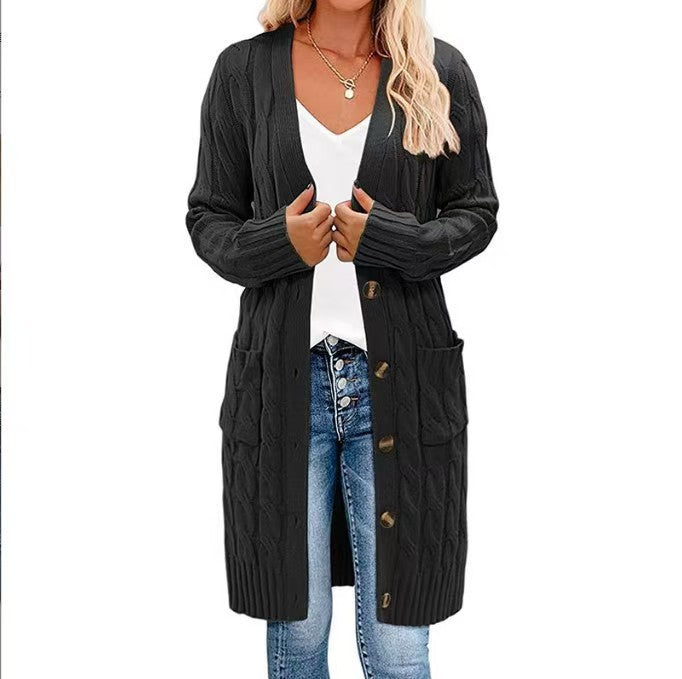 Ladies Thick Knit Cardigan with Button Detail and Deep Pockets Lune London