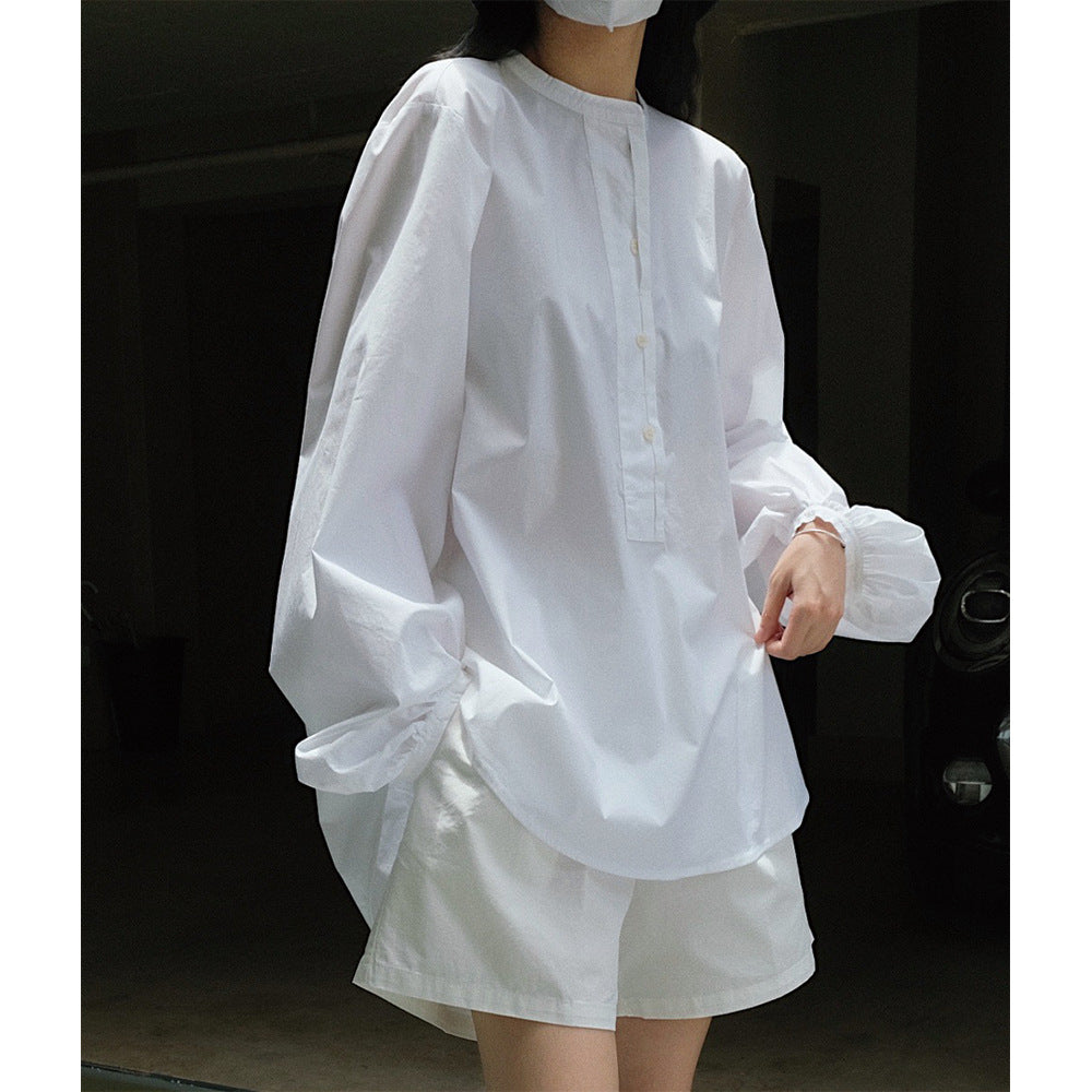 Women's Long Cut Poplin Tunic with Hidden Button Placket and Voluminous Balloon Sleeves Amarae