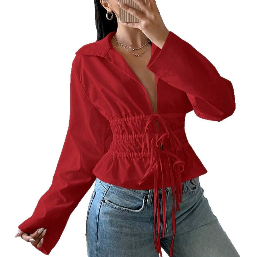 Lune London zip-up blouse for women with gathers and long sleeves