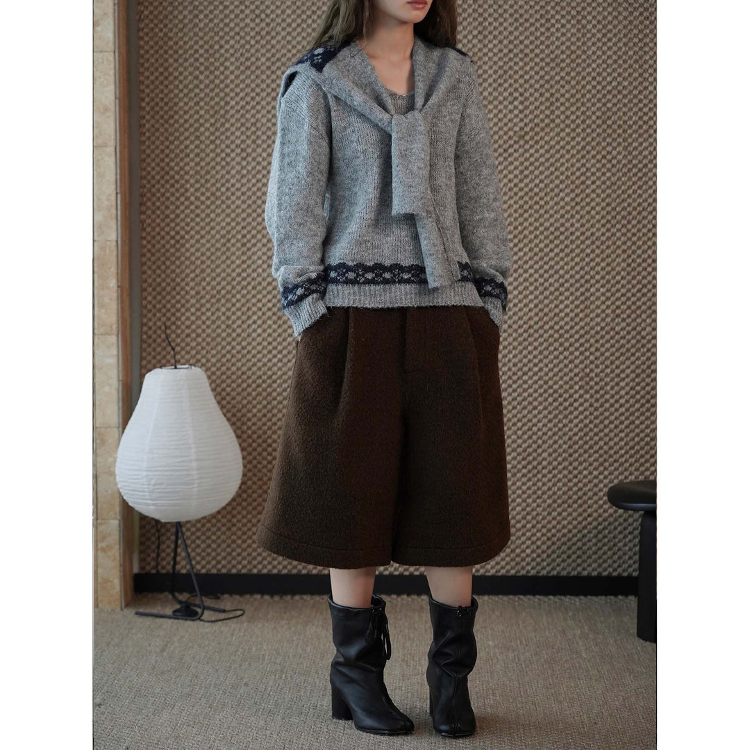 Women's Cozy Fine Knit Pullover with Integrated Shoulder Scarf and Jacquard Hem Amarae