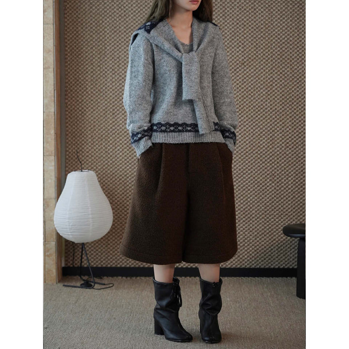 Women's Cozy Fine Knit Pullover with Integrated Shoulder Scarf and Jacquard Hem Amarae