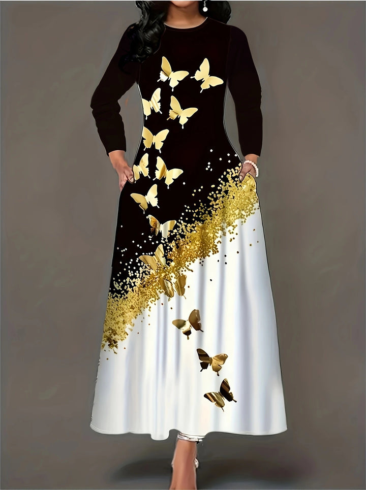 Maxi dress for women with a stylish butterfly design and chic golden accents
