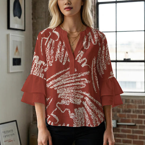 Ladies elegant blouse shirt with voluminous puff sleeves and graphic floral design Amarae