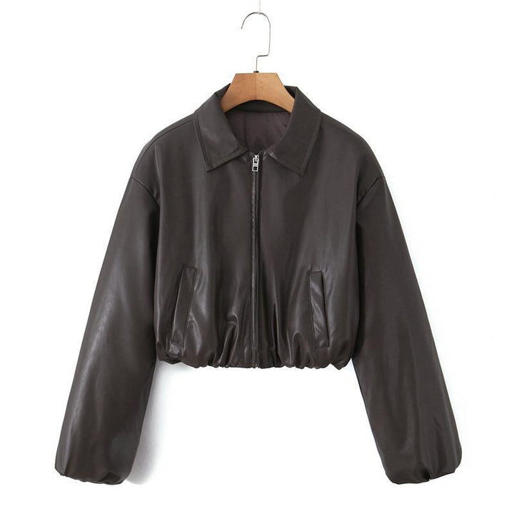 Cropped faux leather women's jacket with practical pockets and elastic waistband Lune London