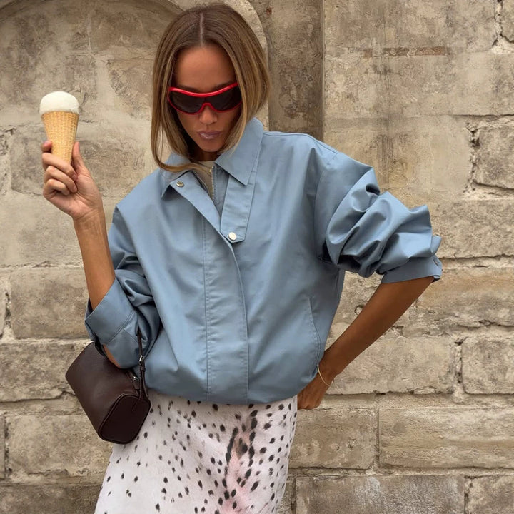 Women's Light Cropped Field Blouson Jacket with Concealed Snap Placket and Boxy Silhouette Amarae