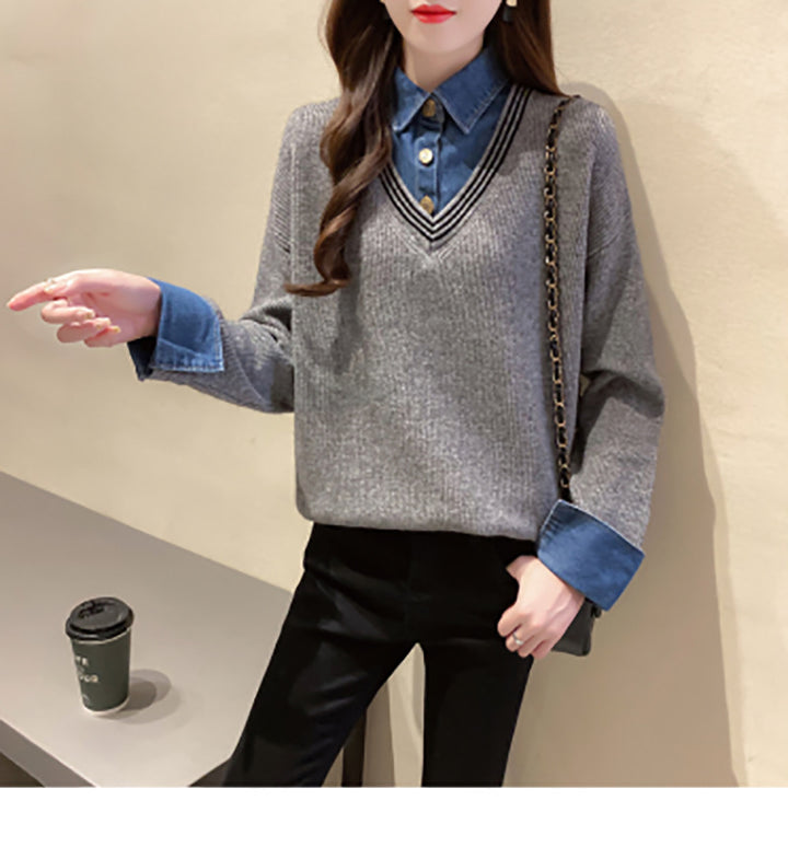 Women's V-neck sweater with denim details Lune London