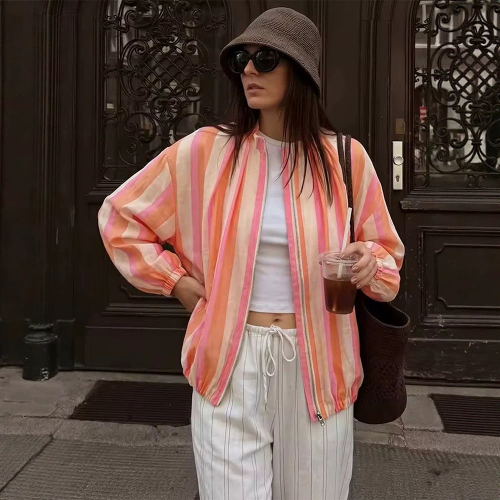Women's Striped Lightweight Bomber Jacket with Balloon Sleeves and Stand Collar Amarae