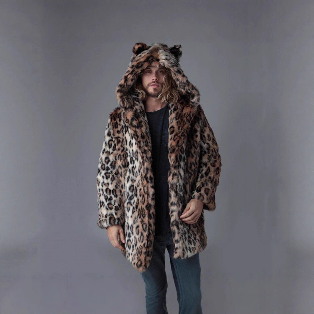 Men's Long Faux Fur Coat with Hood, Ear Application and Oversized Silhouette Amarae