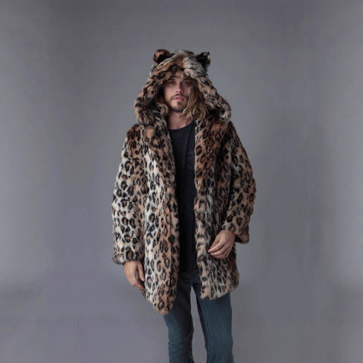 Men's Long Faux Fur Coat with Hood, Ear Application and Oversized Silhouette Amarae