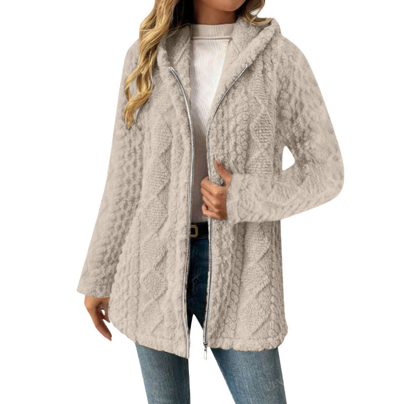 Women's Hooded Sherpa Jacket with Cable Pattern, Medium Length and Two-Way Zipper Amarae