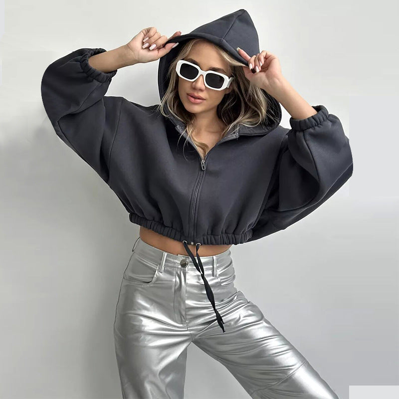 Ladies Cropped Hoodie made of soft sweat fabric with elastic waistband and zipper Chic & Stil