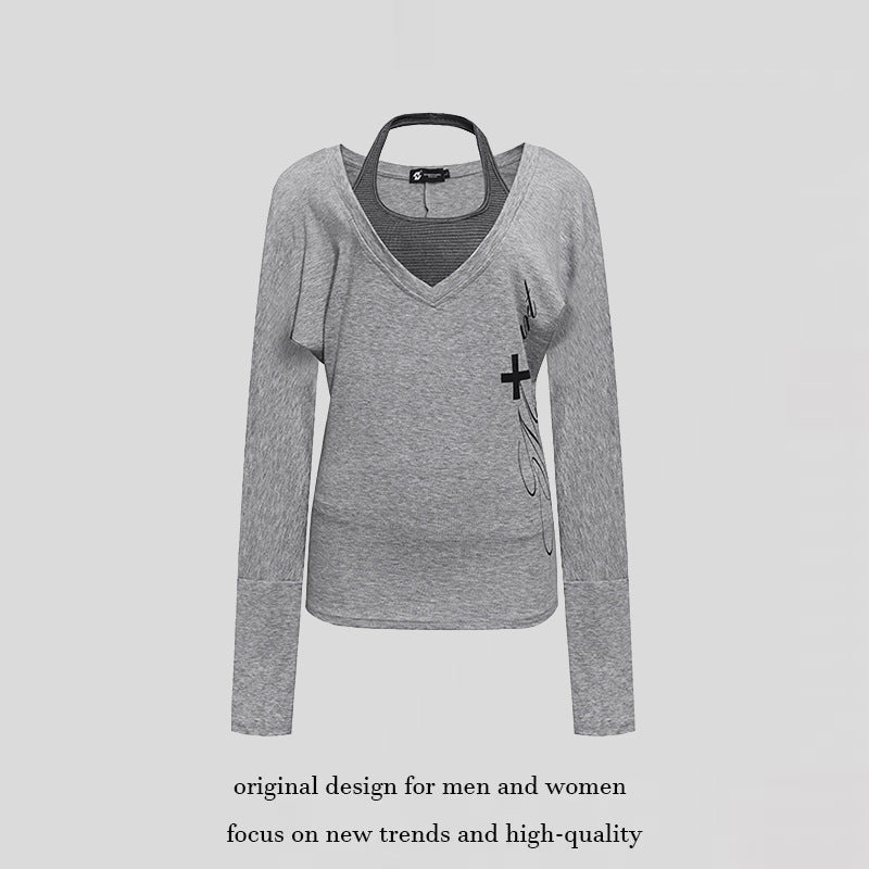 Women's layer long-sleeve shirt with deep V-neck, halter inner layer and side script print Amarae
