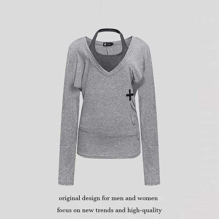Women's layer long-sleeve shirt with deep V-neck, halter inner layer and side script print Amarae