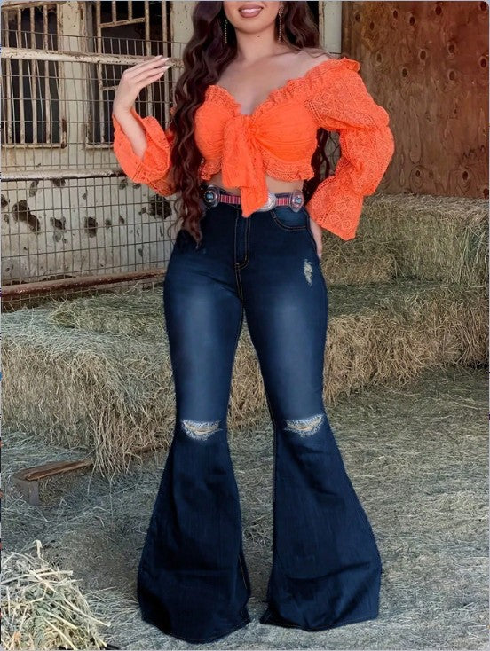 Women's High-Waisted Flared Jeans with Flared Leg, Knee Rips, and Figure-Enhancing Stretch Waistband Amarae