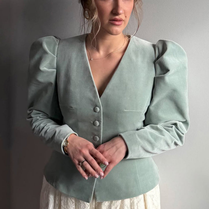 Women Fitted Velvet Blazer with Emphasized Waist, V-Neck and Voluminous Puff Sleeves Amarae