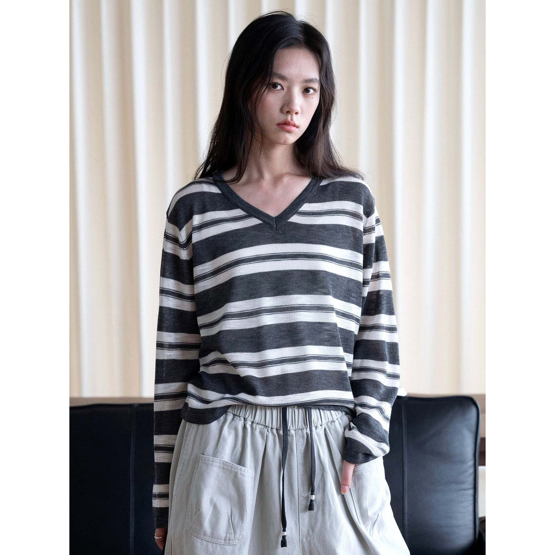 Women Casual V-Neck Striped Fine Knit Oversized Long Sleeve Top