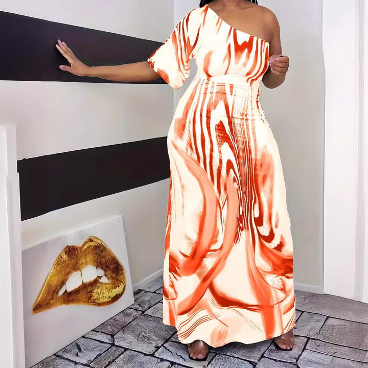 Maxi dress for women with asymmetric cut and elegant pattern Lune London