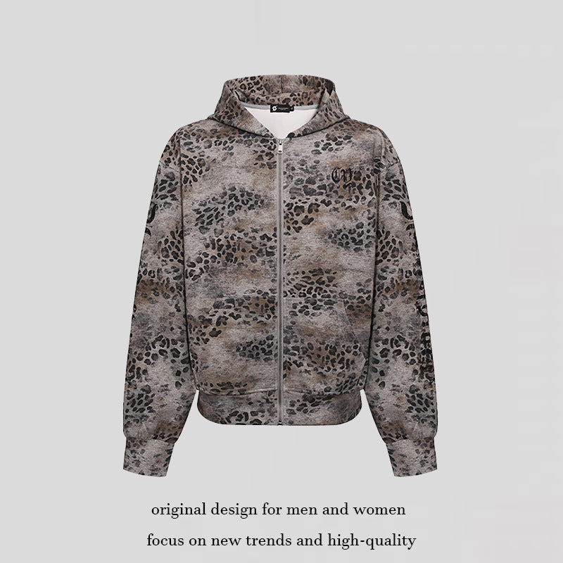 Women's hooded sweatshirt jacket with full zip and allover leopard print Amarae