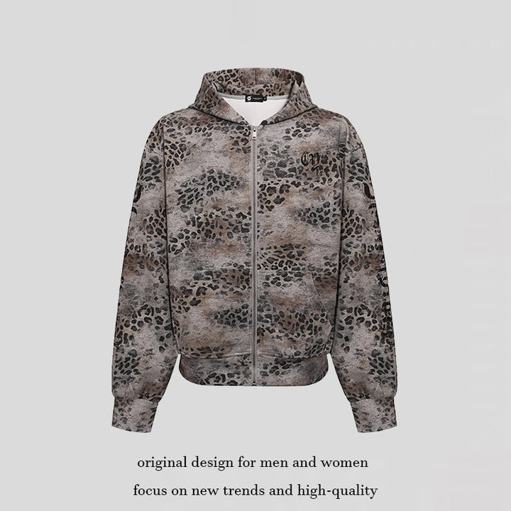 Women's hooded sweatshirt jacket with full zip and allover leopard print Amarae