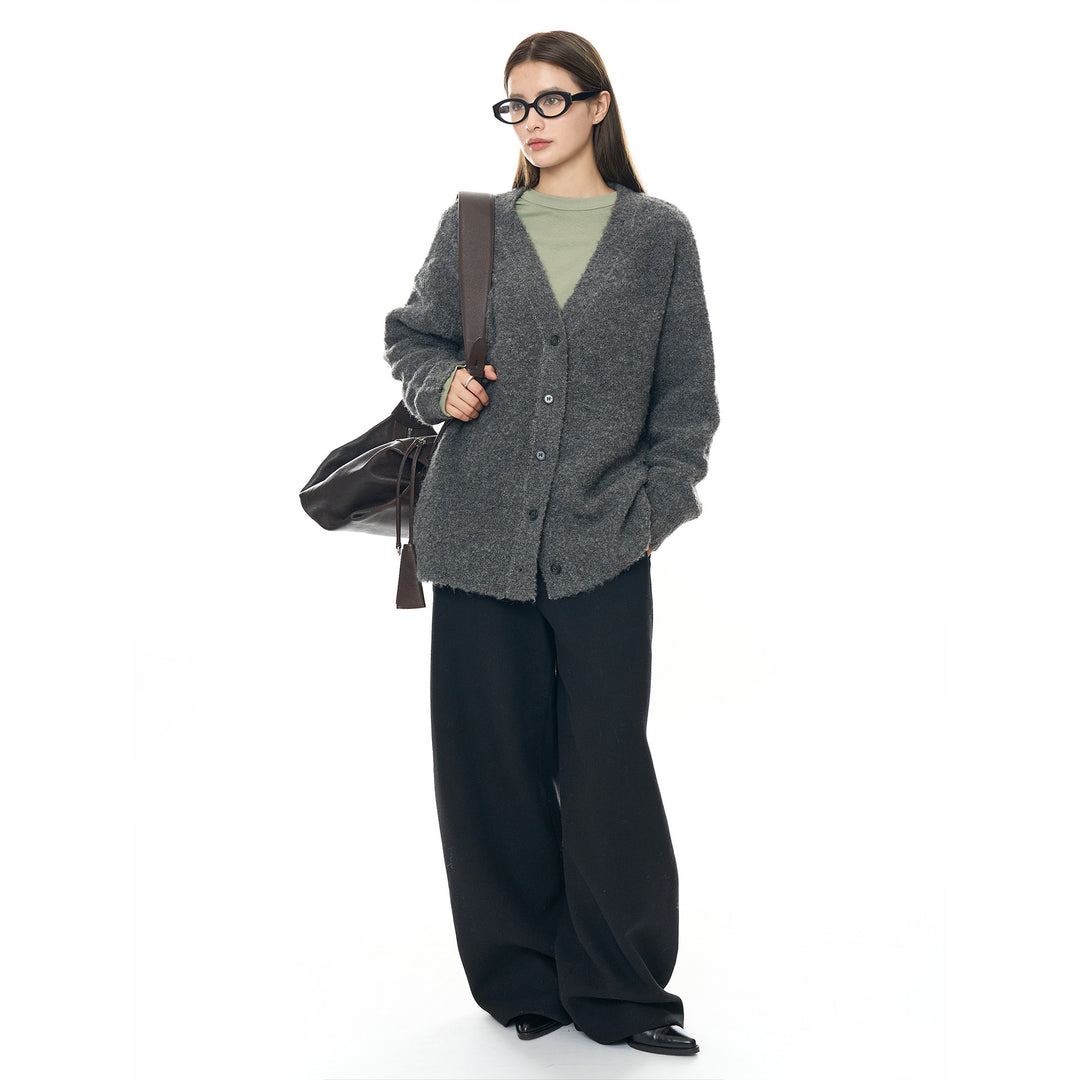 Ladies Boxy Cardigan made of fluffy bouclé wool blend with deep V and button placket Amarae